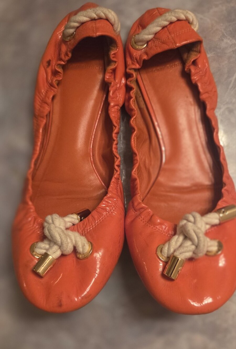 Tory Burch Orange Leather Rope-Tie Ballet Flats